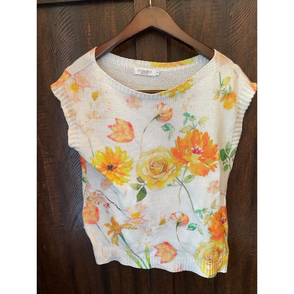 Vintage Floral Knit Top Italy Lightweight Summer Sweater Boho Cottagecore S